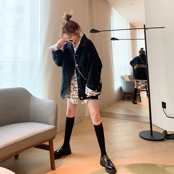 

2021 new jacket female jeans korean spring loose plus size single letter breasted street fashion lapel coat zy101 tvwp, Black