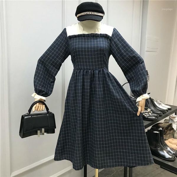 

ewq] 2020 spring new long sleeve high waist plaid casual women dress korea style v-neck loose lolita dress qz279051, Black;gray
