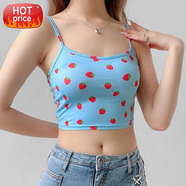 

strap strewberry print tank vest crop clubwear bustiers corsets bodycon soft summer tsnk outwear 2020 women sleeveless #644f, White