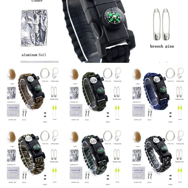 

outdoor travel rock climbing self rescue survival whistle braceletbracelet braceletkit set led light flint whistle multifunctional bracelet, Golden;silver