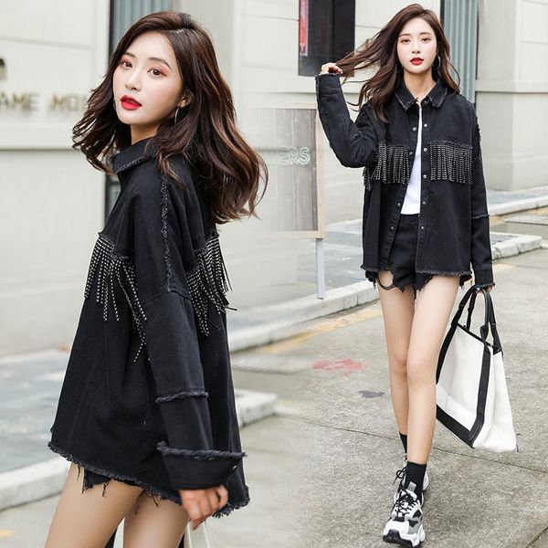 

fashion streetwear fringed oversized denim jacket coat vintage long sleeve blouses and d590, Black;brown
