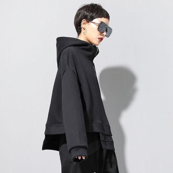 

[eam] loose fit asymmetrical oversized sweatshirt new hooded long sleeve women big size fashion tide spring autumn 19a-a527 201207, Black