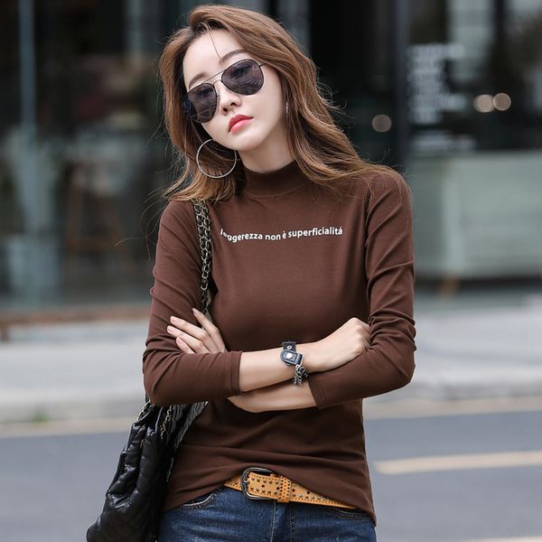 

autumn 2020 new korean version slim half high collar long sleeve women's 95 cotton t- t-shirt versatile bottoming shirt bnwub, White