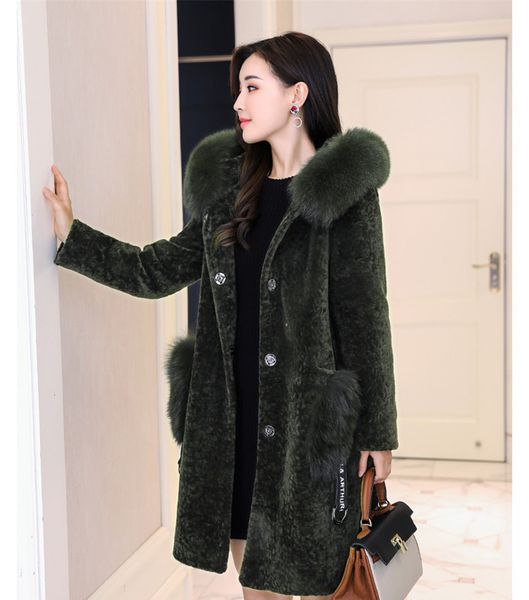 

2021 new fox of the fake women jackets turtlenecks thick fur coat with female hood winter solid jacket wxf544 z096, Black