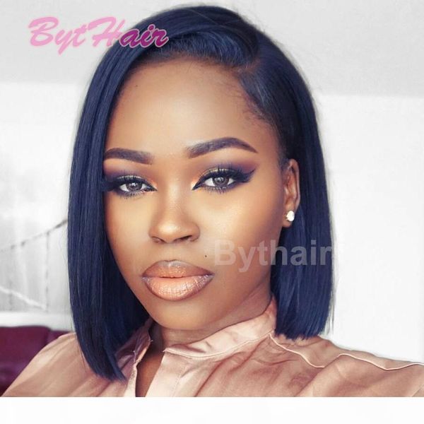 

bythair unprocessed short straight bob human hair wig 100% virgin human hair silky straight lace front wigs for black women, Black;brown