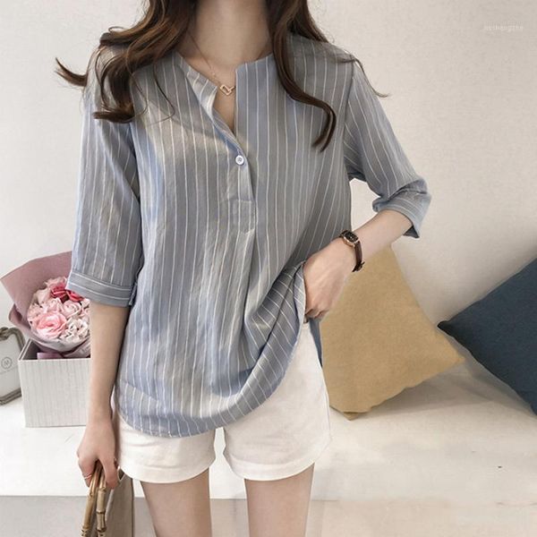 

4xl women striped button shirt seven-quarter sleeves shirts loose casual female 2020 spring autumn fashion sweet plus size1, White
