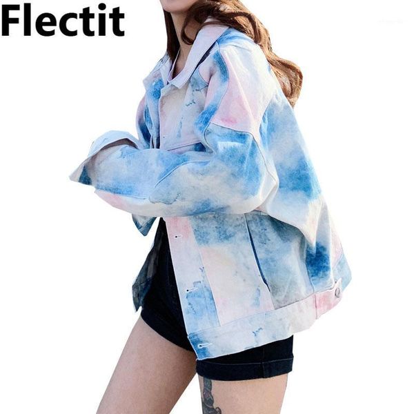 

flectit pastel tie dye denim jacket women oversized long sleeve with lapel pocket street style jeans jacket1, Black;brown