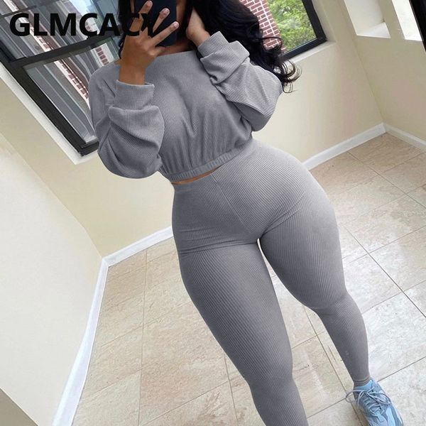 

women solid two piece ribbed tracksuits long sleeve sweatshirt and skinny pants set 201104, Gray