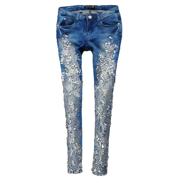

women's jeans rhinestones diamond skinny women denim slim stretch pencil, Blue