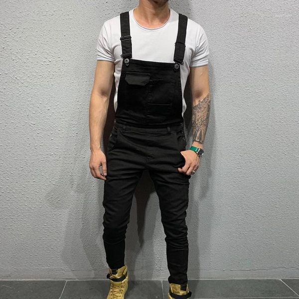 

2019 high street pockets jeans men fashion slim fit denim jumpsuits modish strap overalls casual suspender distressed jeans pant1, Blue