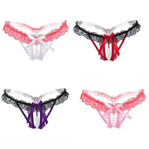 

women underwear lace bow string pearl massage open file thong temptation hollow t pants for couples to flirt birthday1, Black;pink