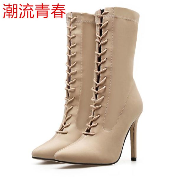 

winter 2020 new high heel stretch fabric lace-up women's boots winter shoes women outside boots size 35-40, Black