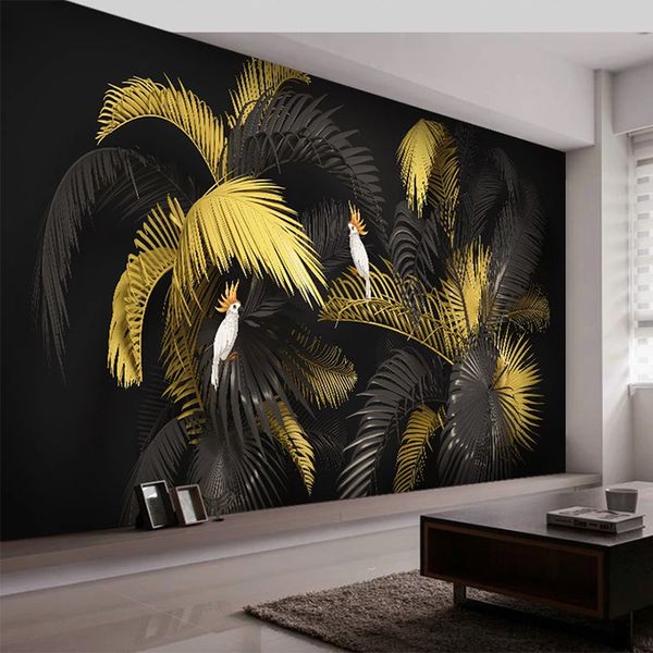 Foto carta da parati moderna stile nordico semplice luce lusso dipinto a mano tropicale pianta foglia foglia pappagallo parete pittura salotto murales