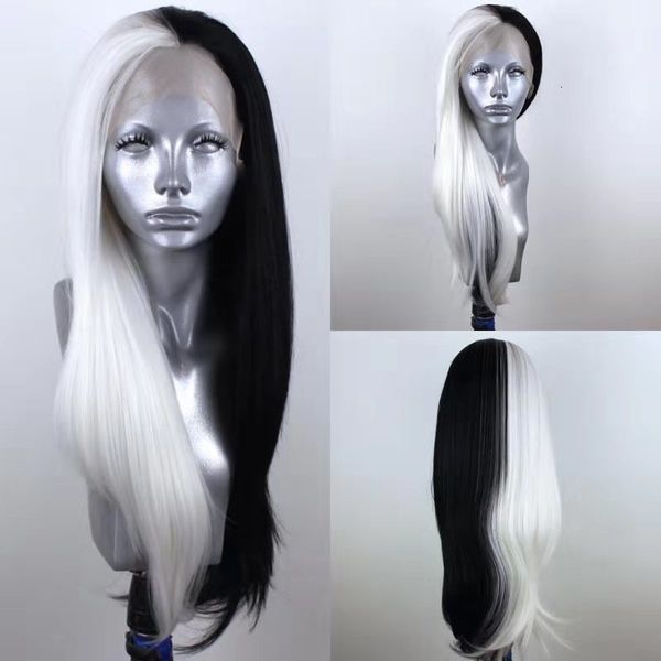 

marquesha double color synthetic lace front wig heat resistant fiber wavy half black half white lace front wigs for women, Black;brown