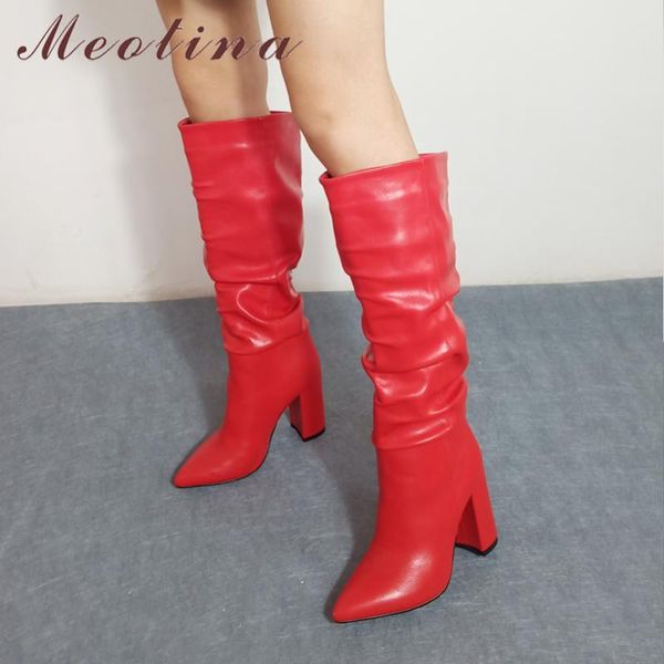 

boots meotina women knee-high shoes pleated super high heel long pointed toe chunky heels fashion ladies winter 43, Black