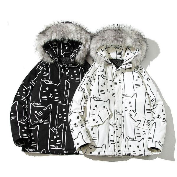 

men's down & parkas extfination casual oversize 2021 winter woman cat printed coats japanese streetwear man fashion warm clothing, Black
