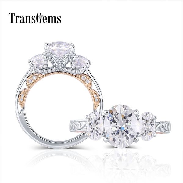 TransGems autentico 14K 585 bicolore centrale 7*9mm 4*6mm ovale GH colore 3 pietre anello di fidanzamento nuziale per le donne Y200620