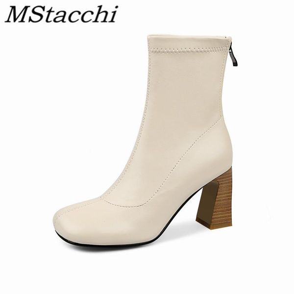 

mstacchi woman square heel sewing zipper solid short boots gentlewoman fashion microfiber comfort square toe martin ankle boots, Black