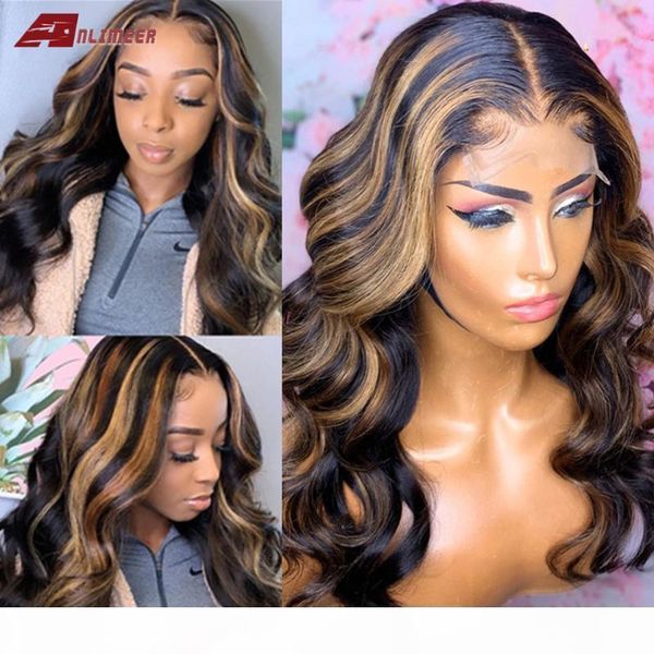 

highlights colored 180% lace front human hair wig body wave pre plucked with baby hair t deep part bleached knots brazilian remy, Black;brown