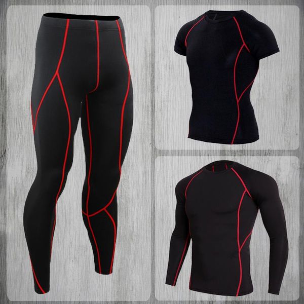 

running jackets fashion men's track suit 3 pieces set of gym fitness compression sportswear clothes jogging sports pants, Black;red