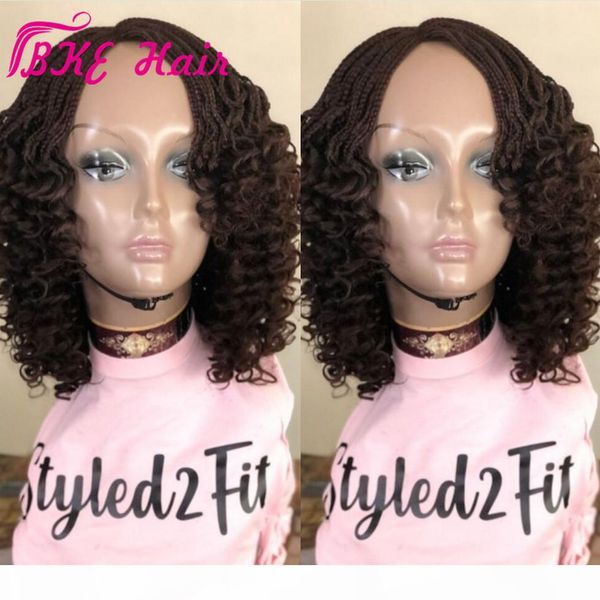 

handmade africa braided style short curly wig black brown blonde burgundy red box braid braided lace front wig with curly end for women