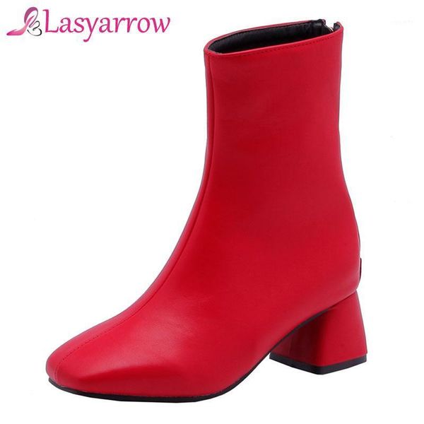

lasyarrow autumn winter women's shoes chunky heels square toe zipper botas femininas large size footwear boots size 51 521, Black