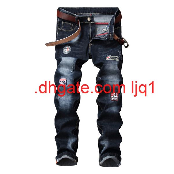 

new men's jeans, pierced embroidery badge, slim fit, small straight tube, men's trend pants, Blue