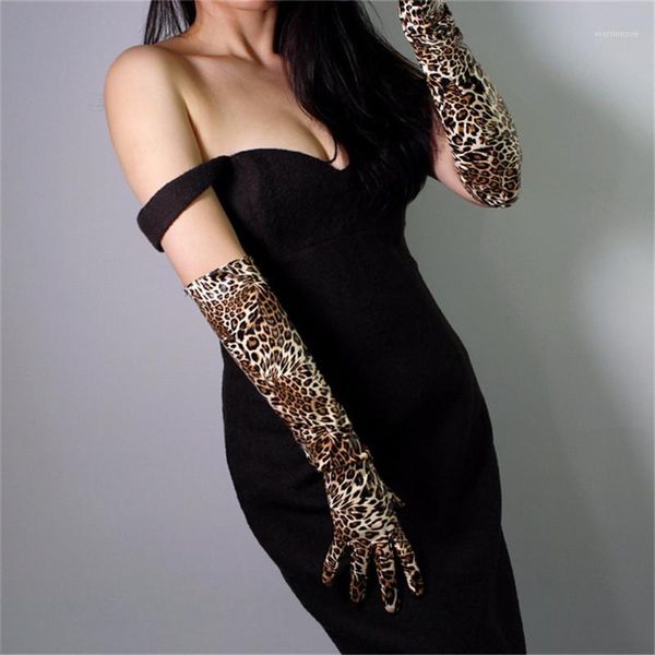 

leopard leather gloves 50cm patent leather long section emulation pu bright brown leopard animal pattern female wpu271, Blue;gray