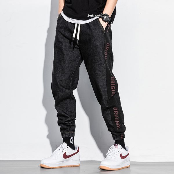 

2021 new japanese fashion men jeans vintage black spliced designer cargo pants wide leg harem trousers streetwear printed hip hop joggers 31, Blue