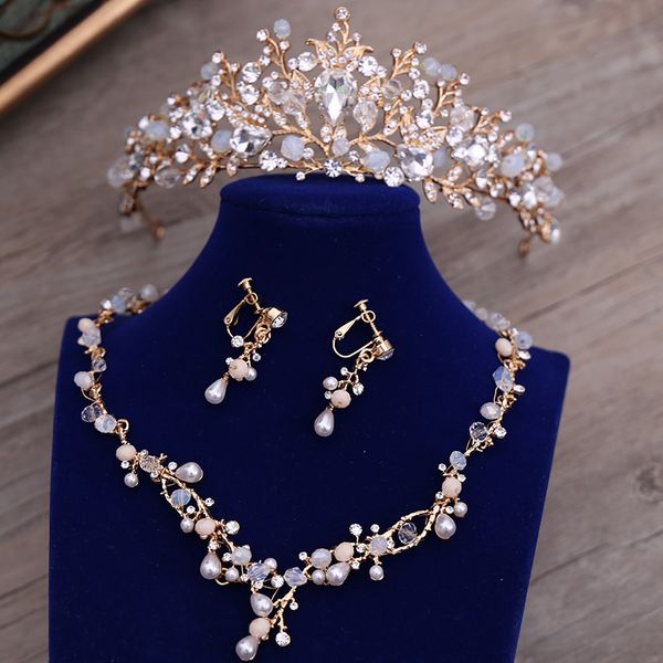 

mcrystal gold crown korean pearl three bride piece new accessories wedding dress with necklace set k, Silver