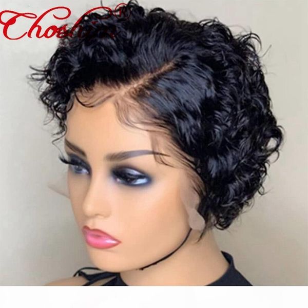 

13x6 short curly bob side part lace front wigs for women brazilian remy hair lace wig pre plucked pixie cut human hair wigs, Black;brown