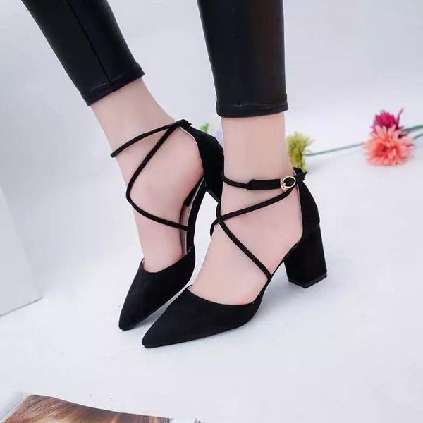 

summer pointed thick with buckle bag sandals baotou hollow high heel women's shoes, Black