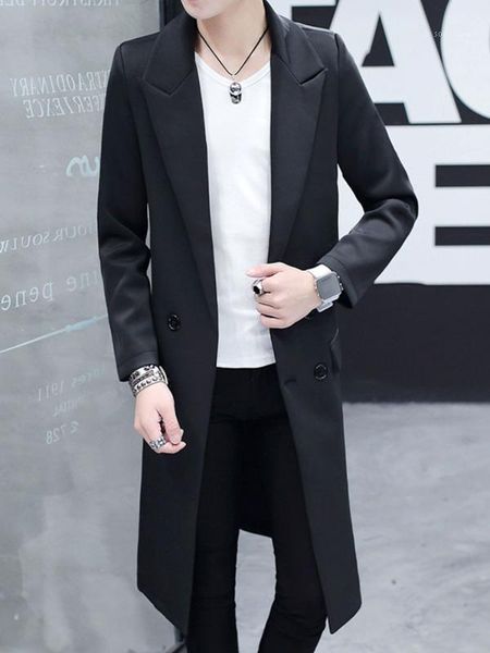 

men's lapel double breasted mid long trench coat slim fit leisure coats outwear black d0151, Tan;black