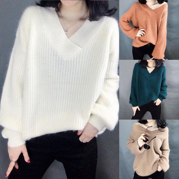 

женщины solid v шеи свитер 2020 осень зима повседневный длинным рукавом толстые пуловеры sexy основная подогреть женские трикотажные свитера, White;black