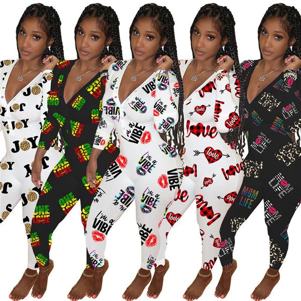 

2021 womens long sleeve jumpsuit designers pants rompers valentines mother day low v neck bodysuit fashion printed overall clothing g12107, White
