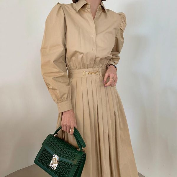 

zcsmll korean chic french elegant lapel single breasted high waist decorative design loose pleated shirt dress long skirt, Black;gray