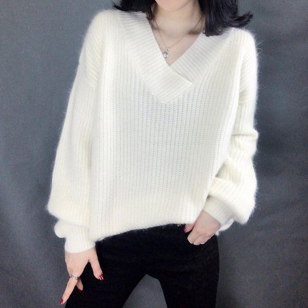 

autumn women's sweater v-neck long sleeve pullover loose soft solid color female sweater streetwear ladies outerwear, White;black