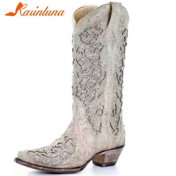 

boots karin 2021 brand big size 43 chunky heels fashion vintage customized crystals western shoes women1, Black