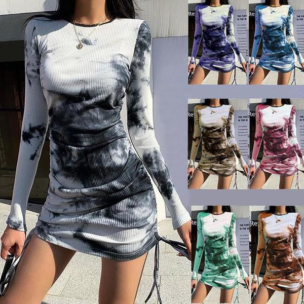 

women's long sleeve sweater dress women's tie dye shirring casual autumn and winter dress o-neck tight knit1, Black;gray