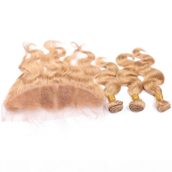 

peruvian honey blonde human hair 3bundles with frontal closure body wave #27 strawberry blonde virgin hair with 13x4 ear to ear lace frontal, Black;brown