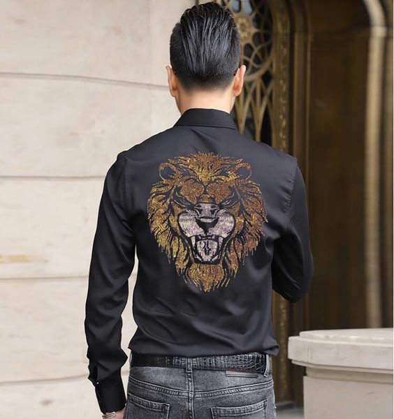 

men's dress shirts 2021 designer for man rhinestone shirt slim fit long sleeve two color, White;black