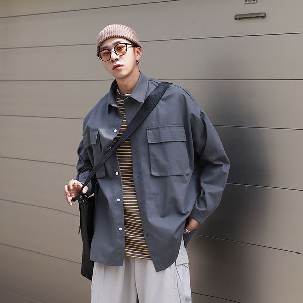 

2021 new privathinker solid color men's long sleeve korean gray iirregular blouse streetwear male casual black white shirts ryqo, White;black