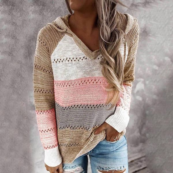 

new fall winter patchwork hooded sweaters for women long sleeve v neck slim pullover jumper plus size female knit sweaters, White;black