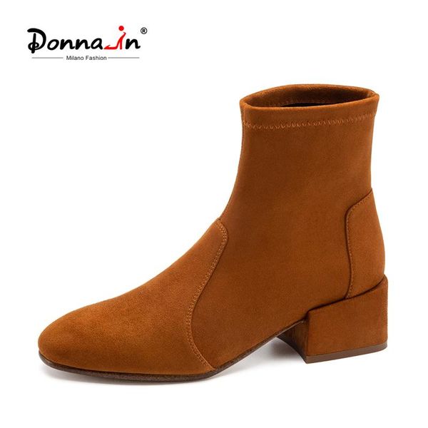 

donna-in square toe ankle boots for women 2020 autumn stretch microfiber leather sock booties med heels elegant stocking shoes, Black