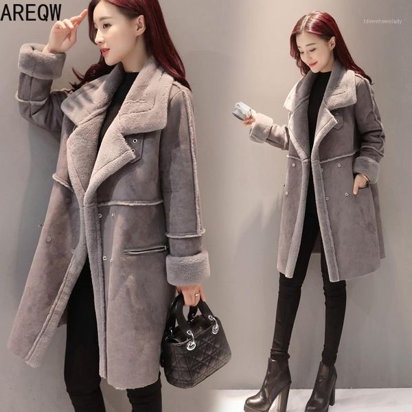 

women's fur & faux fashion leather suede sheepskin long coat women korean cropped outerwear loose female jacket clothing autumn winter1, Black