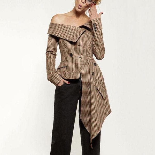 

plaid jacket female irrgular patchwork slash neck long sleeve lace up women coat 2020 autumn fashion lc0681, Black;brown