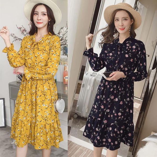 

elegant daisy print a-line dress autumn casual flower bow chiffon shirt dress korean vintage long sleeves women autumn dresses, Black;gray