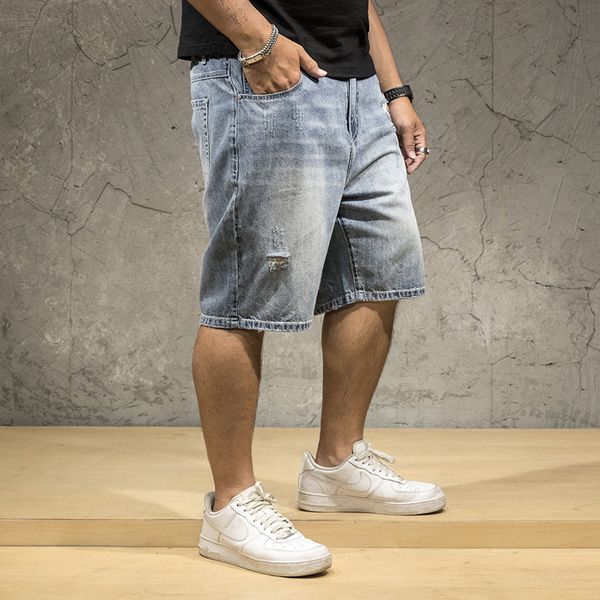 

44 46 48 plus size men's denim shorts 2020 summer new style fashion casual elastic ripped jeans male brand clothes q0105, Black;white