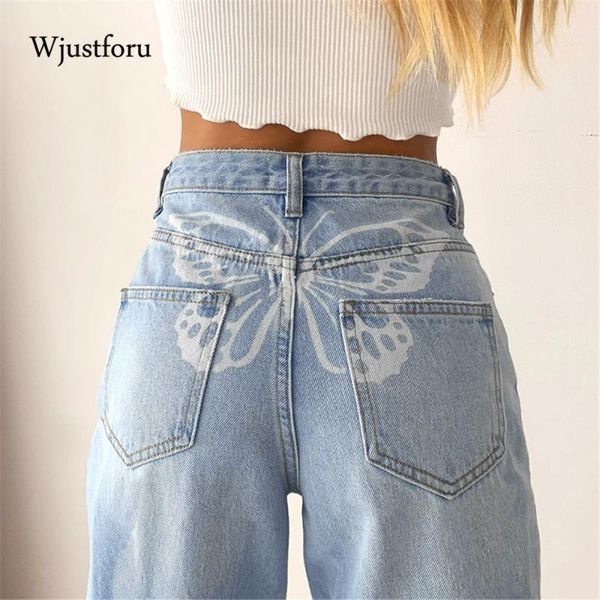 

women's jeans wjustforu vintage women butterfly print streetwear high waist straight pants baggy mom trousers 20211, Blue
