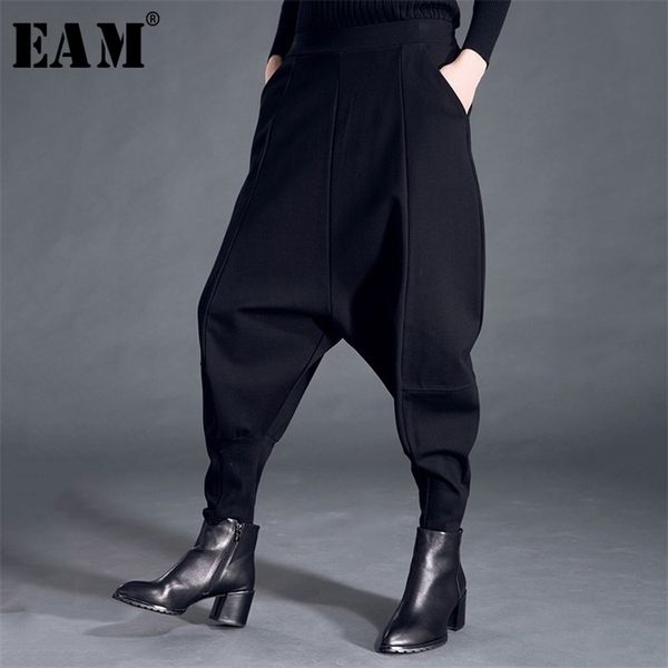 

[eam] new spring fashion tide black high waist elastic pockets patchwork casual woman full length harem pants sa155 201228, Black;white